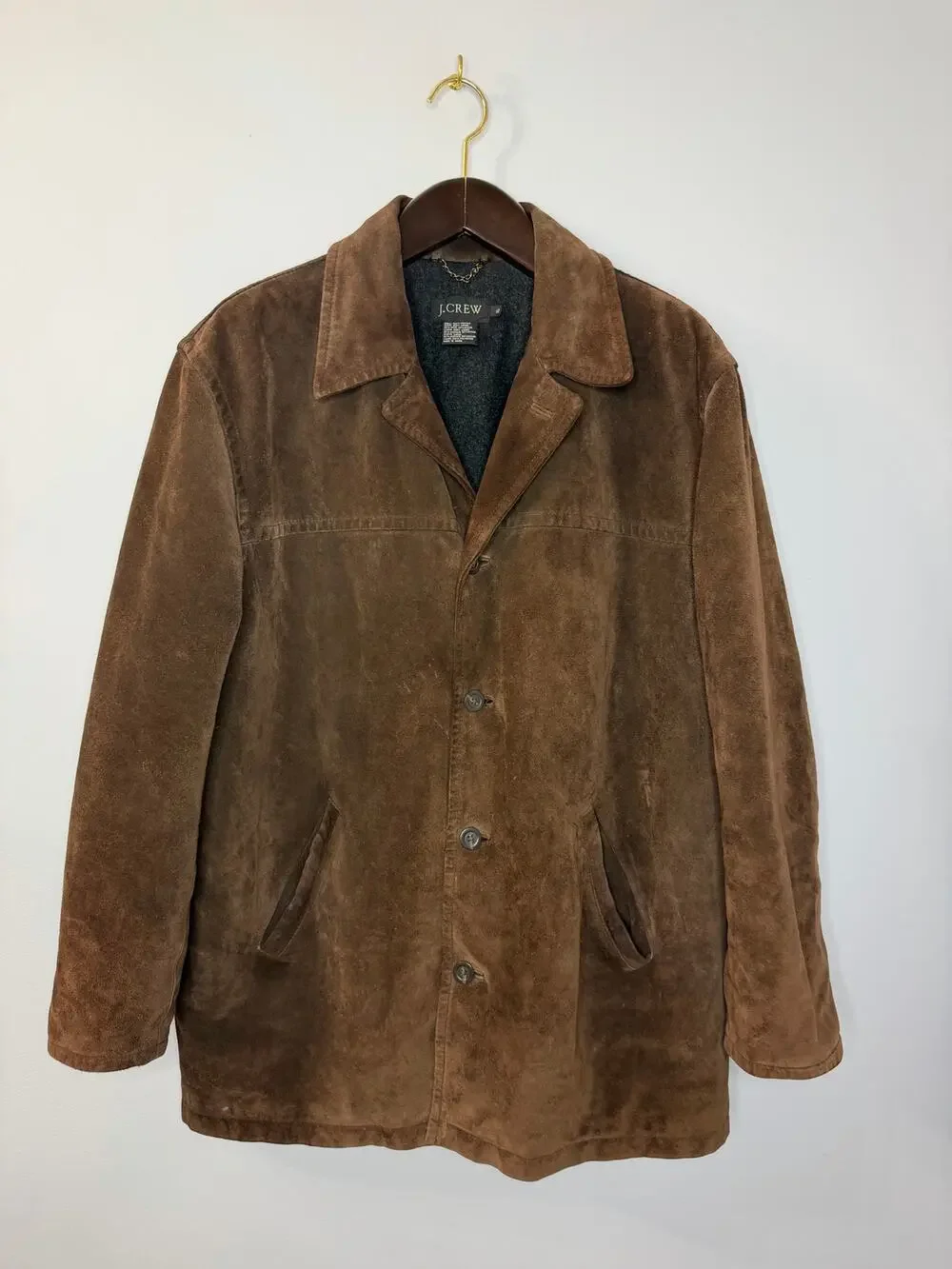 J CREW VGT 90's Suede Leather Jacket Lined Coat Button Down Wool Lining Brown XL